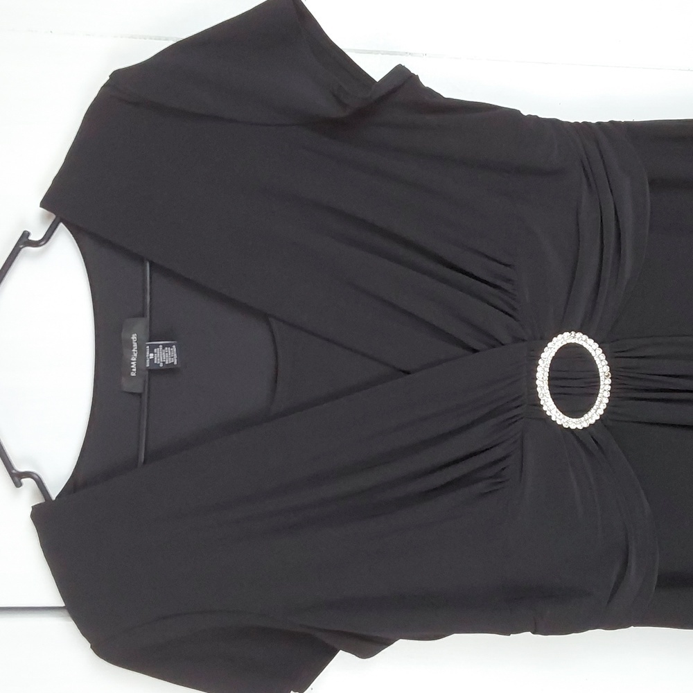 R & M Richards |Black Slimming Midi Dress Rhinestone Waist Accent Elegant Sz.18